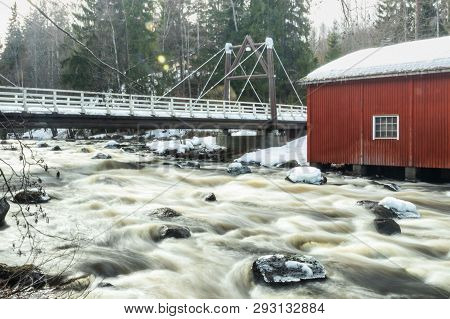 Long Exposure Photo. Dam And Threshold On The River Jokelanjoki, Kouvola, Finland