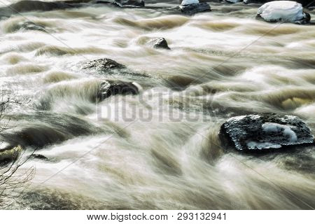 Long Exposure Photo. Rough River Jokelanjoki And Stones In Water, Kouvola, Finland.