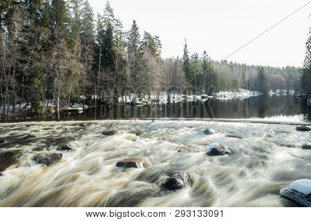 Long Exposure Photo. Dam And Threshold On The River Jokelanjoki, Kouvola, Finland