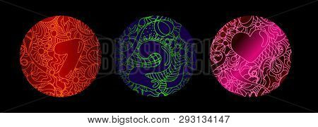 Set Of Three Round Backgrounds With Hand Drawn Multicolored Balloons