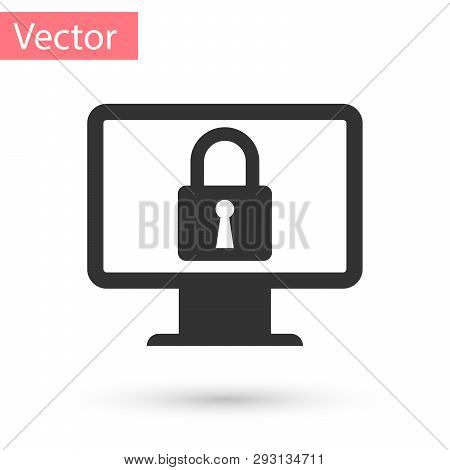Grey Lock On Computer Monitor Screen Icon Isolated On White Background. Monitor And Padlock. Securit