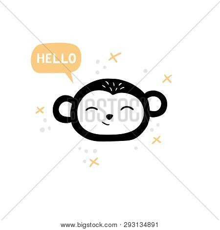 Cute Monkey Face. Hand-drawn Cartoon Illustration With Text. Vector. Good For Childrens Games, T-shi