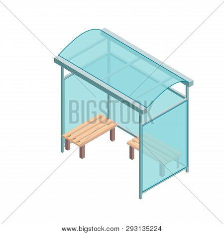 Isometric Bus Stop In Flat 3d Style Isolated On White Background. Concept Vector Illustration.