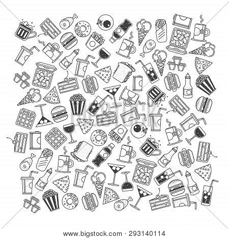 Fast Food, Seamless Pattern. Black And White Illustration.