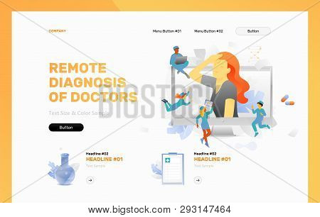 Remote Diagnosis Of Doctors Vector Header Or Frontpage Template. Tiny Physicians Around Woman With H