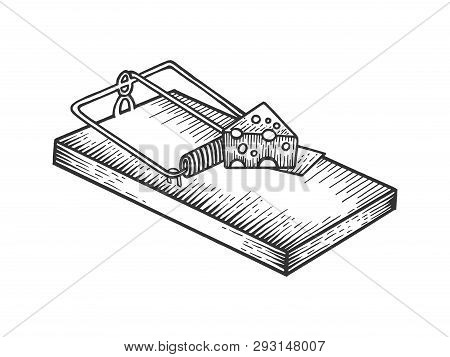 Mousetrap With Cheese Sketch Engraving Vector Illustration. Scratch Board Style Imitation. Black And