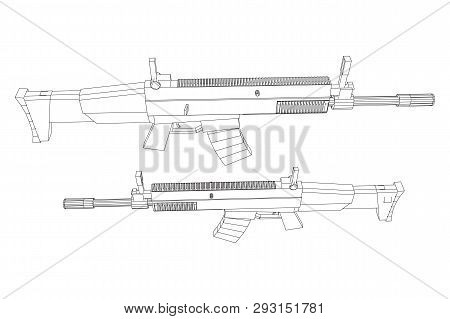 Assault Rifle, Automatic Fire Rifle Model Wireframe Low Poly Mesh Vector Illustration