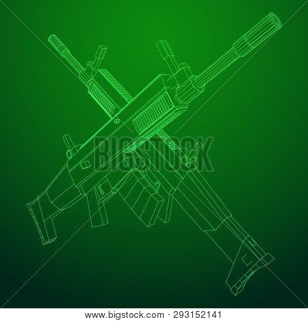 Assault Rifle, Automatic Fire Rifle Model Wireframe Low Poly Mesh Vector Illustration