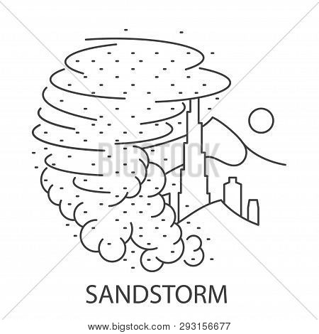 Sand Storm Natural Disaster Circle Banner In Linear Style. Compositions Of Sand Storm Disaster. Vect