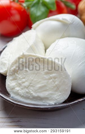 Balls And Pieces Of Buffalo Mozzarella, Soft Italian Scheese Made From The Milk Of Italian Mediterra