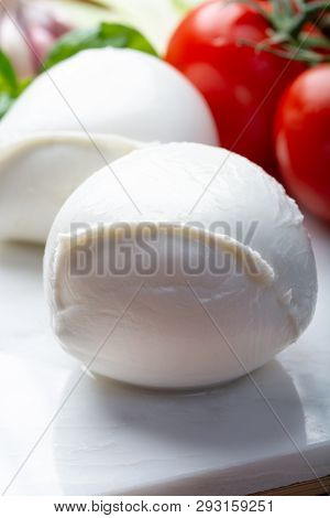 Balls Of Buffalo Mozzarella, Soft Italian Scheese Made From The Milk Of Italian Mediterranean Buffal