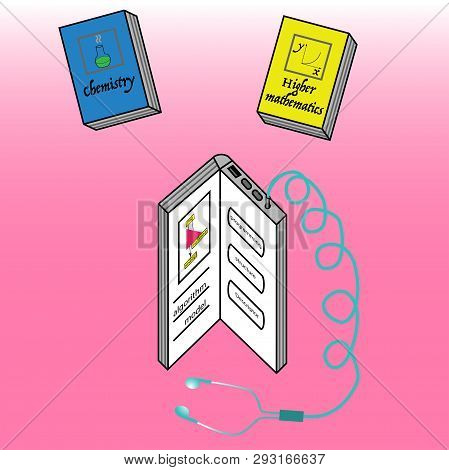 Open E-learning Book And Closed Books On A Pink Background.