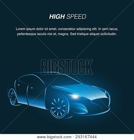 Modern Car Side View Unlocked Headlight In Dark. High Speed Futuristic Automobile Design. Fast Luxur