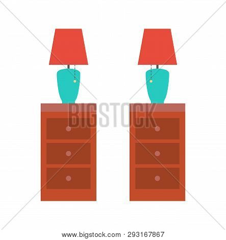 Home Interior Vector, Lamp With Shade. Design Of Drawers Made Of Wooden Material, Elegant Solution. 