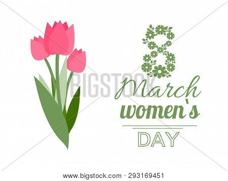 Greeting Postcard Decorated By Tulips And Flowers Laid Out In Figure Of Eight. Womens Day Papercard 