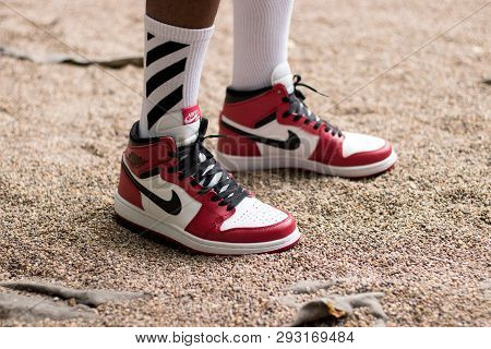 Cape Town, South Africa. 03 April 2019. A Pair Of White And Red Adidas Nmd Running Shoes.