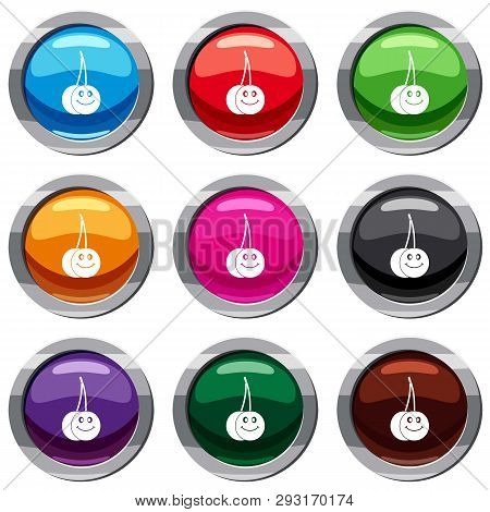 Ripe Smiling Cherry Set Icon Isolated On White. 9 Icon Collection Illustration