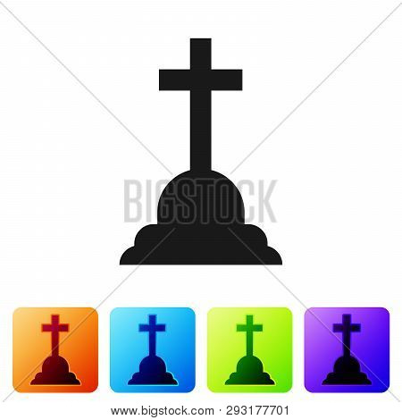 Black Tombstone With Cross Icon Isolated On White Background. Grave Icon. Set Icon In Color Square B