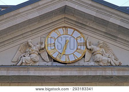Trieste, Italy - July 11, 2011: Borsa Clock At Commodity Exchange Building In Trieste, Italy.