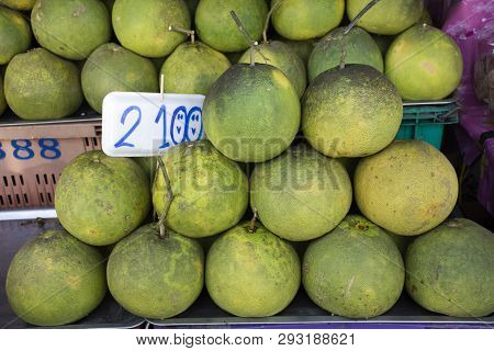 Pomelo Fruits Or Citrus Maxima Or Citrus Grandis On Stall For Sell At Local Shop In Thailand