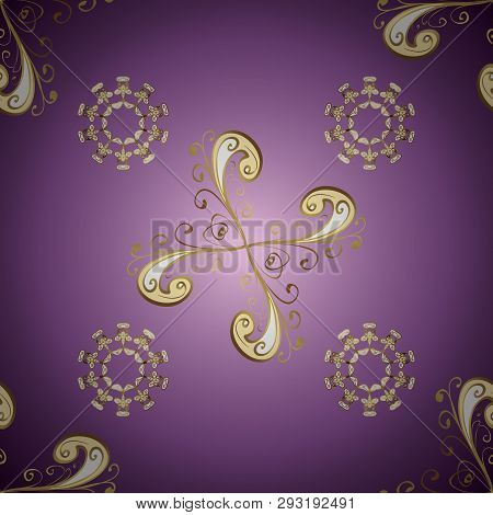 Oriental Style Arabesques Golden Pattern On A Neutral And Purple Colors With Golden Elements. Vector