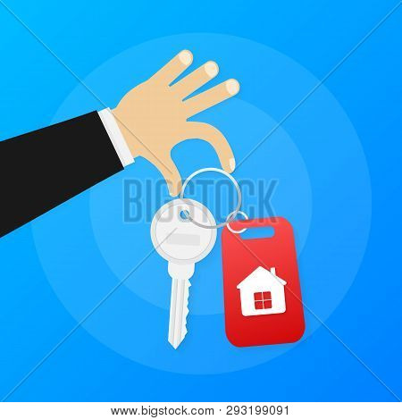 Hand Agent With Home In Palm And Key On Finger. Offer Of Purchase House, Rental Of Real Estate. Vect