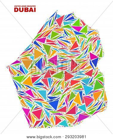 Mosaic Dubai Emirate Map Of Triangles In Bright Colors Isolated On A White Background. Triangular Co