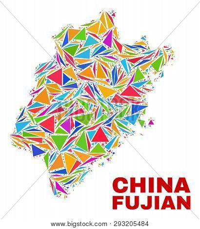 Mosaic Fujian Province Map Of Triangles In Bright Colors Isolated On A White Background. Triangular 