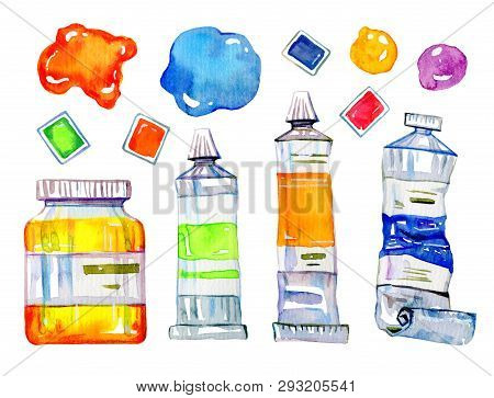 Artist Materials - Paint Tubes And Conteiners. Hand Drawn Sketch Watercolor Illustration Set Isolate