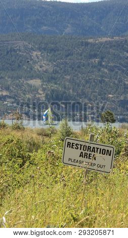 English sign indicating an ecological restoration area with herbaceous plants, a lake, sailing ship and mountains in the background