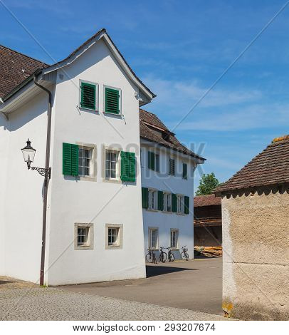 Bremgarten, Switzerland - June 16, 2018: Buildings Of The Historic Part Of The Town Of Bremgarten. B