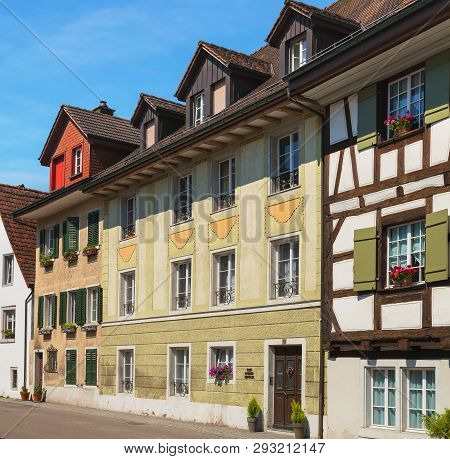Bremgarten, Switzerland - June 16, 2018: Buildings Of The Historic Part Of The Town Of Bremgarten. B