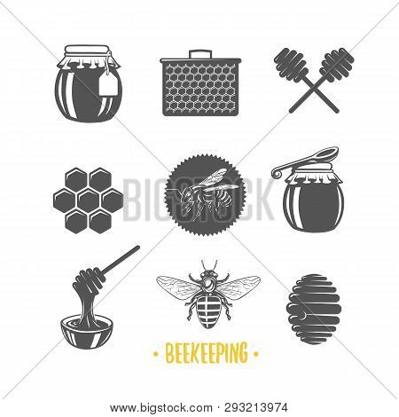 Beekeeping. Set Of Vintage Honey Labels, Badges, Logotypes And Design Elements. Apiary Logo Template