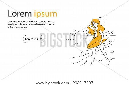 Girl Walking On The Beach With Surfboard Vector Illustration