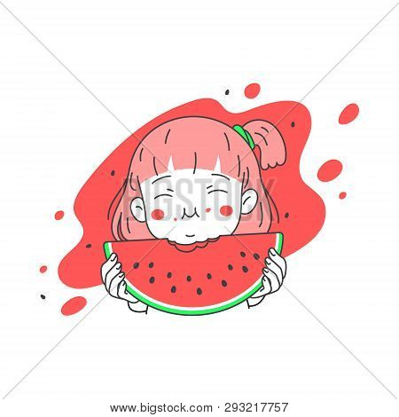 Cute Girl Eats Fresh Watermelon In Summer, Simple And Clean Line Cartoon Vector Illustration