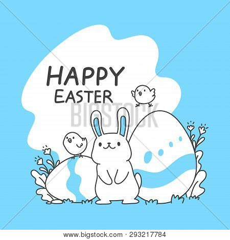 Cute Rabbits And Chicks And Easter Eggs, Simple And Clean Line Vector Illustration