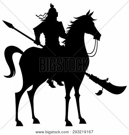 Cartoon Illustration Of The Legendary Chinese General Guan Yu On White Background.