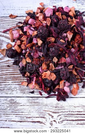 Dry Mix For Brewing Fruit Tea On White Wooden Table