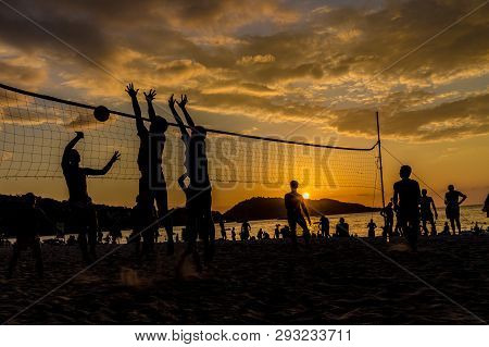 February 2019. Patong Thailand. Volleyball At Sunset On Patong Beach In Patong Thailand