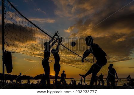 February 2019. Patong Thailand. Volleyball At Sunset On Patong Beach In Patong Thailand
