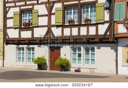 Bremgarten, Switzerland - June 16, 2018: Facade Of A Building In The Historic Part Of The Town Of Br