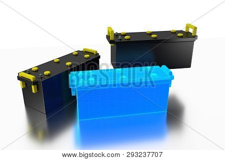 3d Rendering. 24v Battery For Truck. Commercial Vehicle Accumulator. Black Truck Battery, Spare Part
