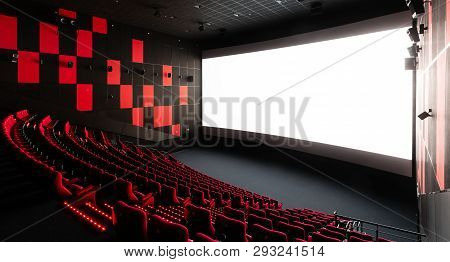 Russia, Nizhny Novgorod - November 14, 2016: Cinema Imperia Grez Nebo, Dolby Atmos. Empty Red Cinema
