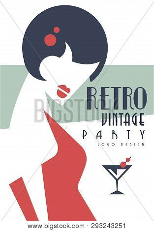 Vintage Party Logo Design, Embelm With Smart Dressed Woman, Element For Poster, Banner, Flyer, Card,