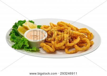 Isolated Calamari Rings With Chipotle Mayo Dipping Sauce
