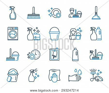 Cleaning Line Icons. Laundry, Window Sponge And Vacuum Cleaner Icons. Washing Machine, Housekeeping 
