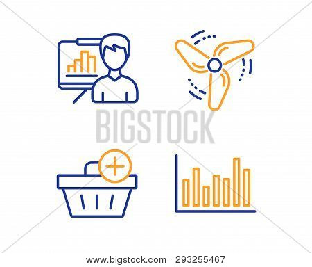Wind Energy, Add Purchase And Presentation Board Icons Simple Set. Bar Diagram Sign. Ventilator, Sho