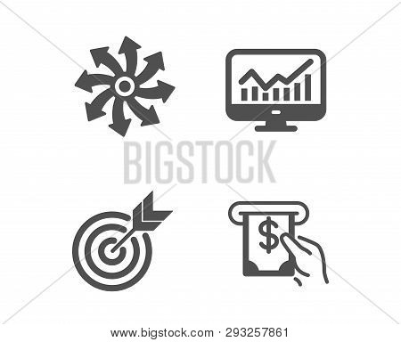 Set Of Versatile, Statistics And Target Icons. Atm Service Sign. Multifunction, Financial Report, Ta