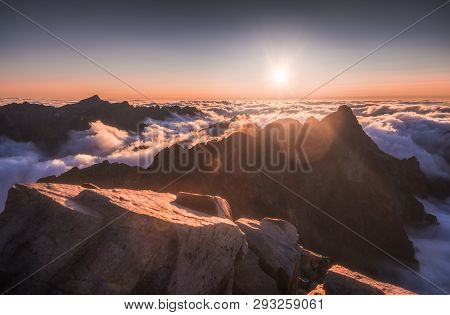 Mountains Landscape With Inversion In The Valley At Sunset As Seen From Rysy Peak In High Tatras, Sl