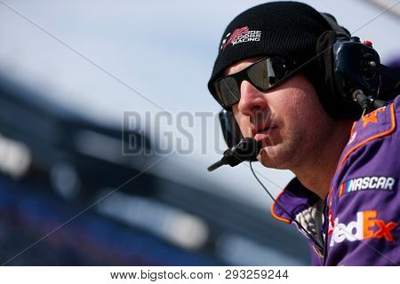 March 31, 2019 - Ft. Worth, Texas, USA: Denny Hamlin (11) makes a pit stop for the O'Reilly Auto Parts 500 at Texas Motor Speedway in Ft. Worth, Texas.